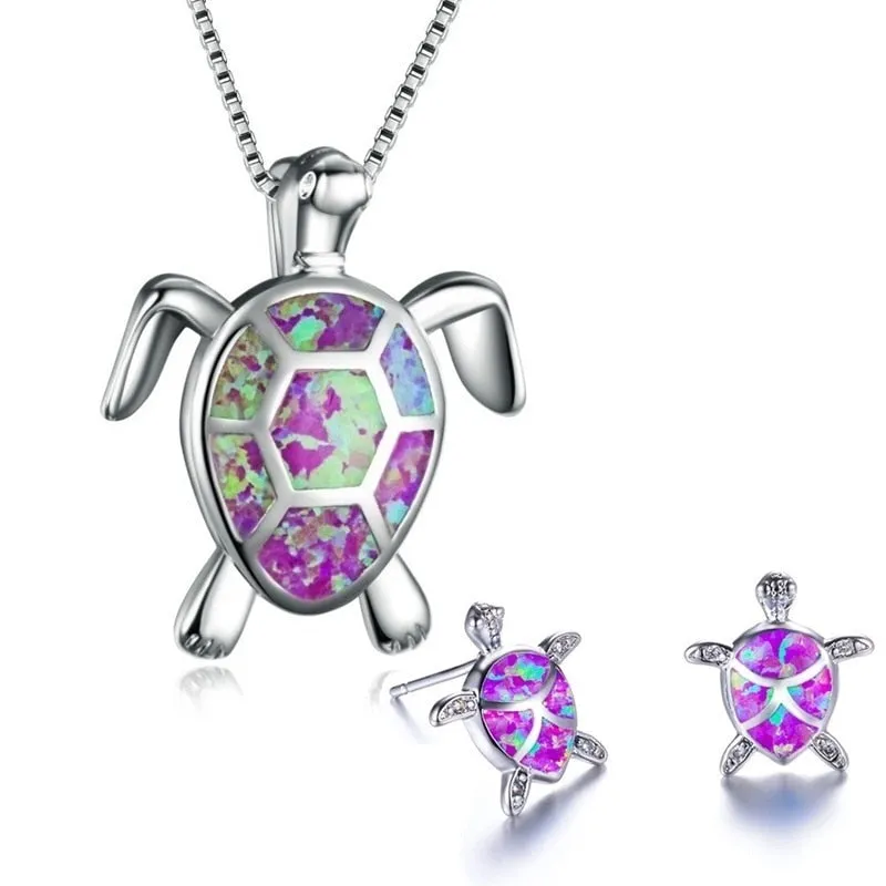 Classic Cute Sea Turtle Necklace Earrings jewelry set Trendy Animal Fire Opal Stud Earring for girl women best gift