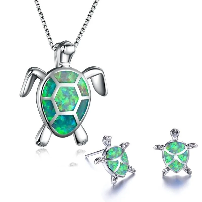 Classic Cute Sea Turtle Necklace Earrings jewelry set Trendy Animal Fire Opal Stud Earring for girl women best gift