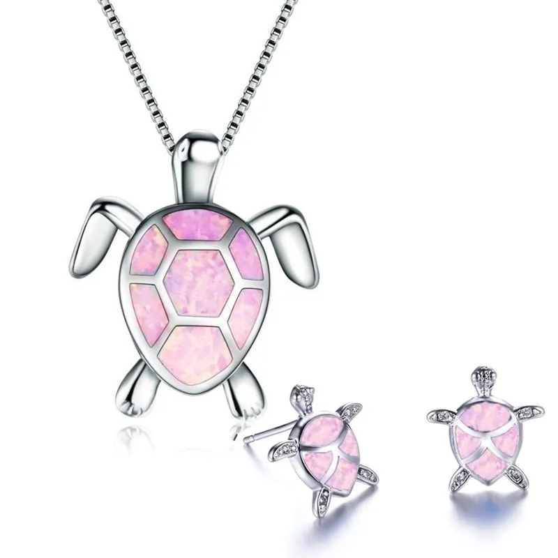 Classic Cute Sea Turtle Necklace Earrings jewelry set Trendy Animal Fire Opal Stud Earring for girl women best gift