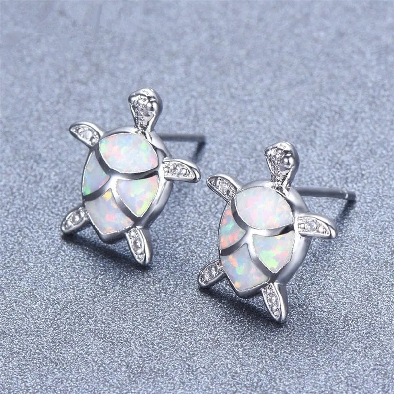 Classic Cute Sea Turtle Necklace Earrings jewelry set Trendy Animal Fire Opal Stud Earring for girl women best gift