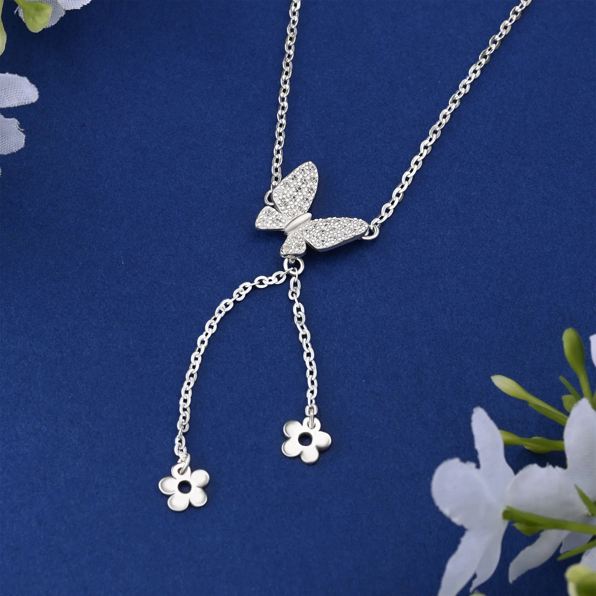 CZ Butterfly and Flower Drop Necklace Sterling Silver