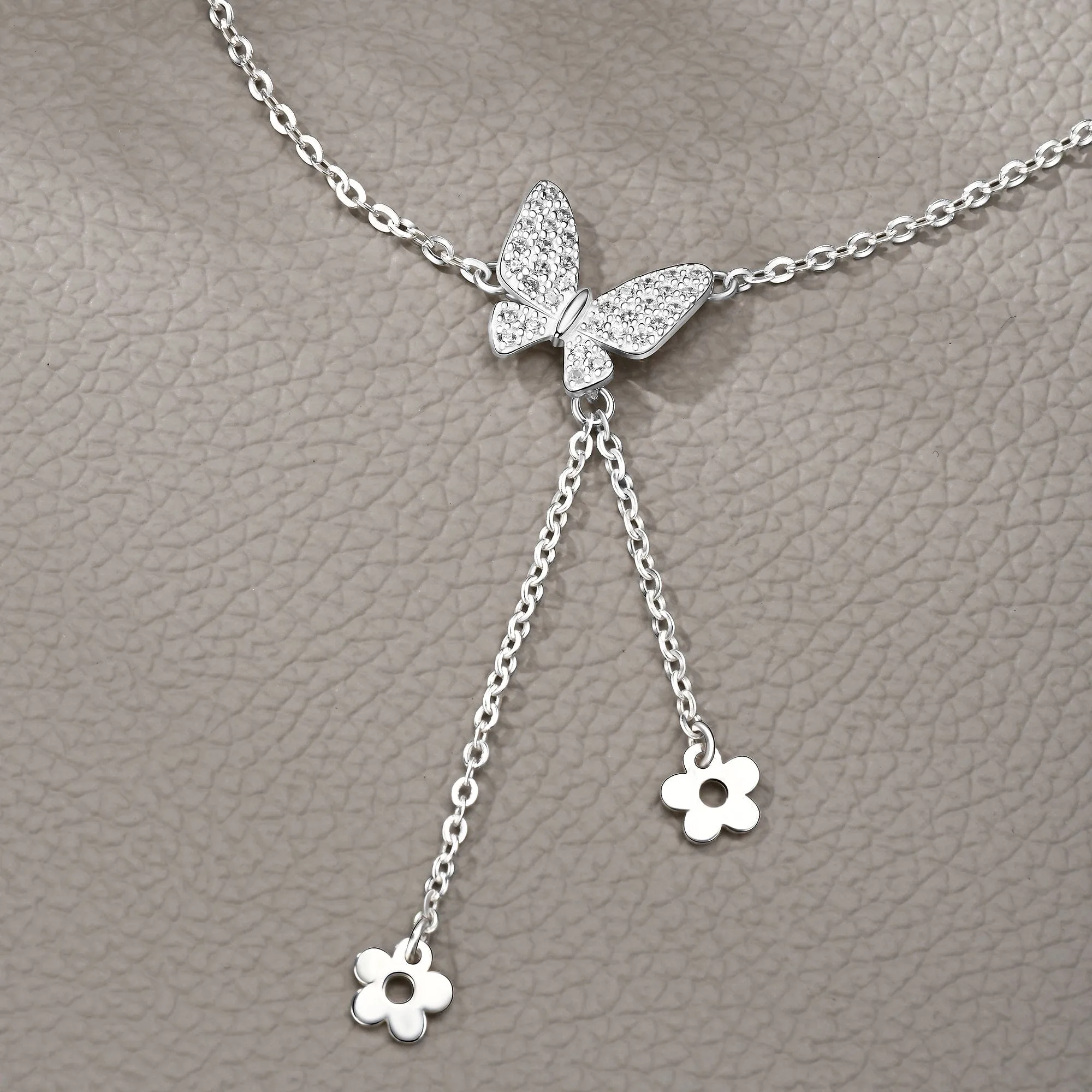 CZ Butterfly and Flower Drop Necklace Sterling Silver