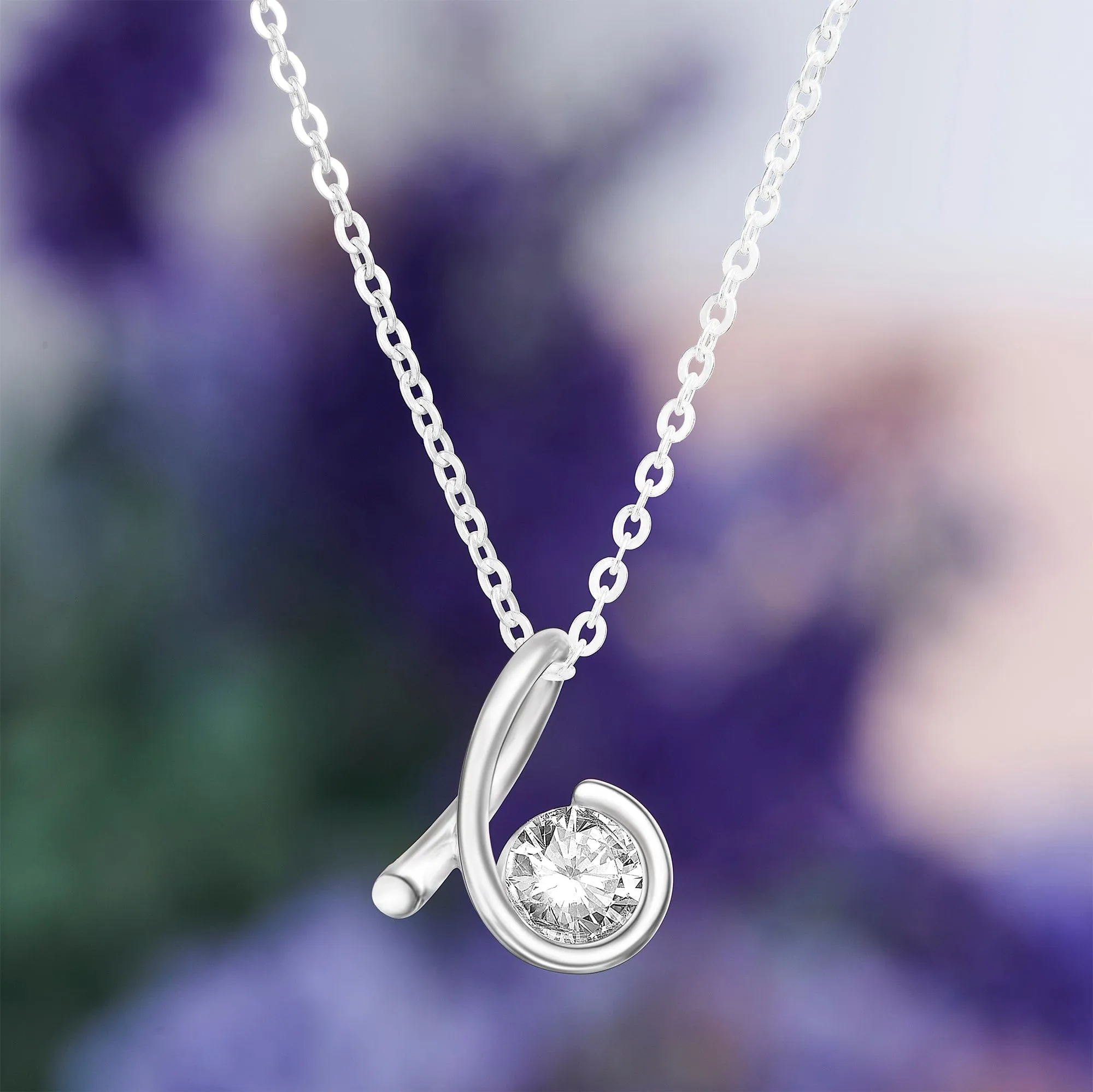 CZ Twist Swirl Tear Drop Necklace Silver