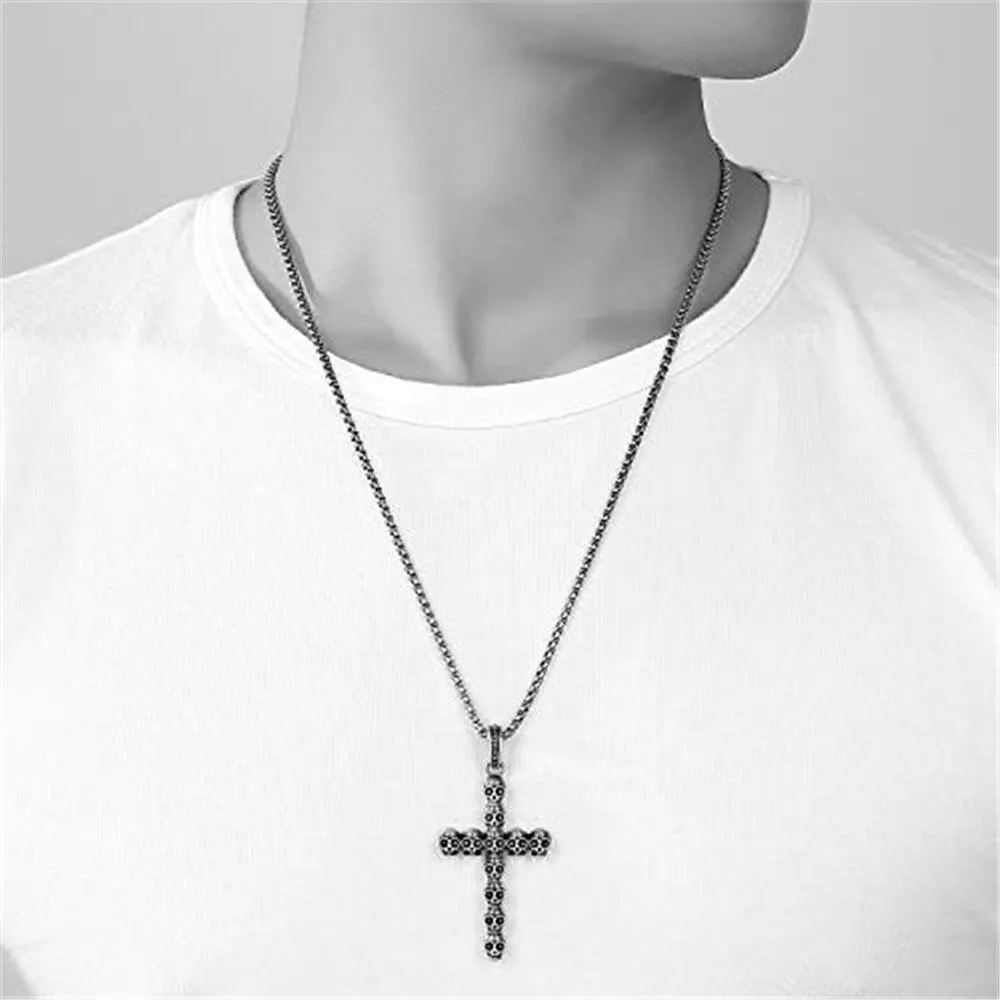 Dark Silver Cross of Skulls Pendant and Chain Necklace