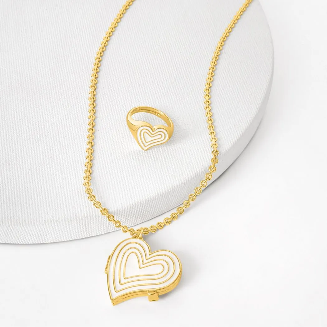 Deco Heart Locket & Signet Ring Gift Set (Ivory) - Gold