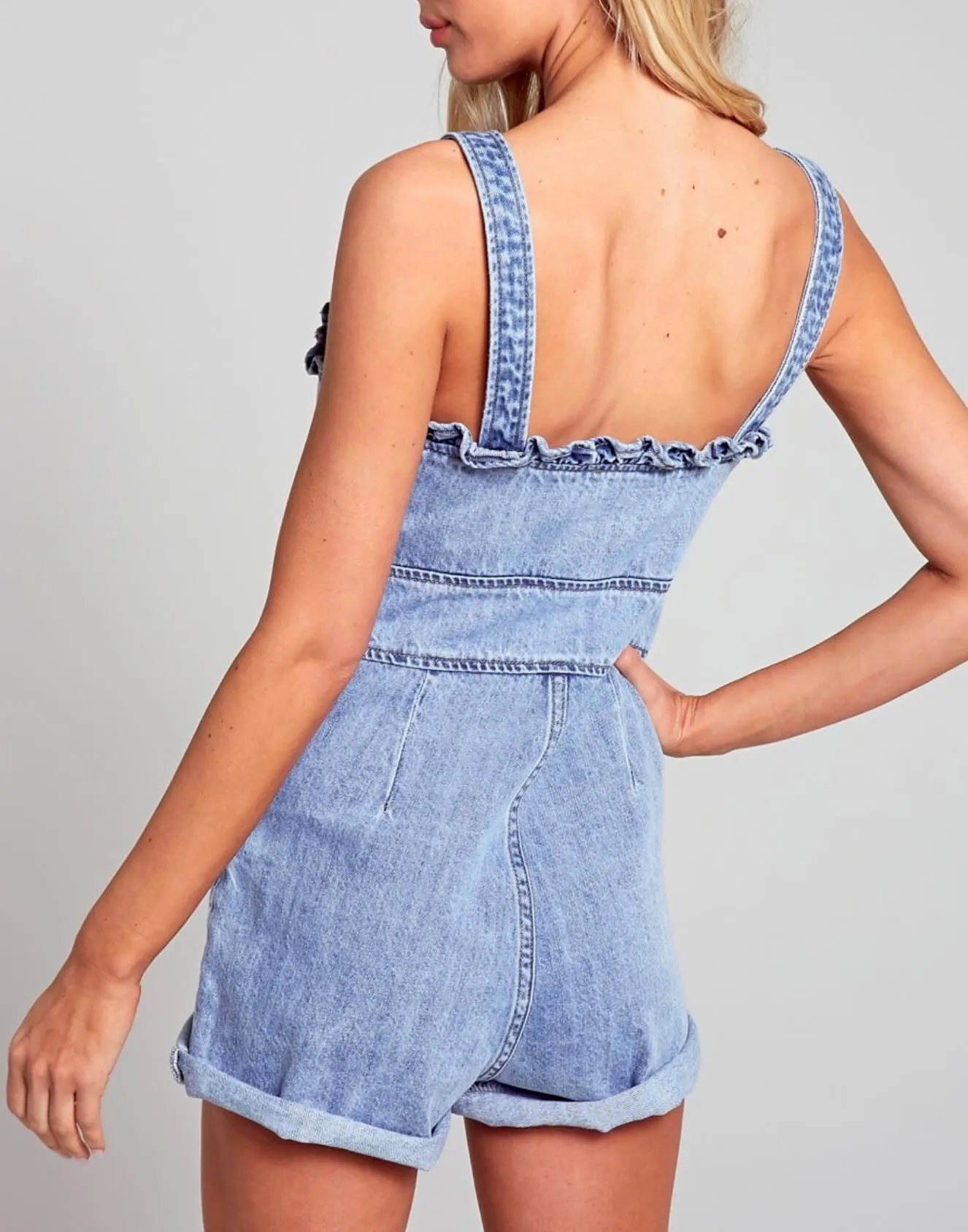 Denim Bow Tie Sleeveless Jumpsuit Romper with Pockets - Light Denim Blue