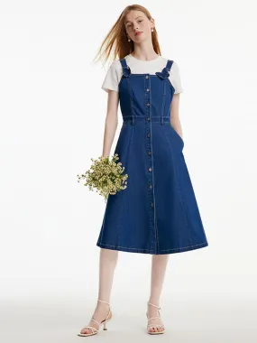 Denim Pinafore Dress With Bow Tie