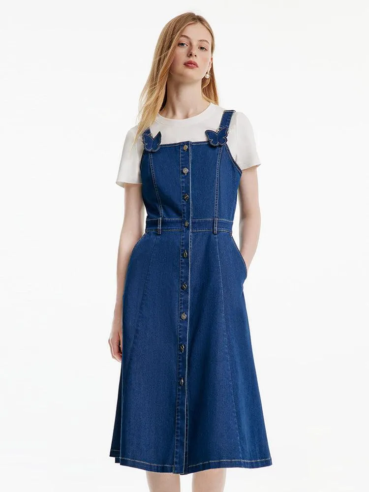 Denim Pinafore Dress With Bow Tie