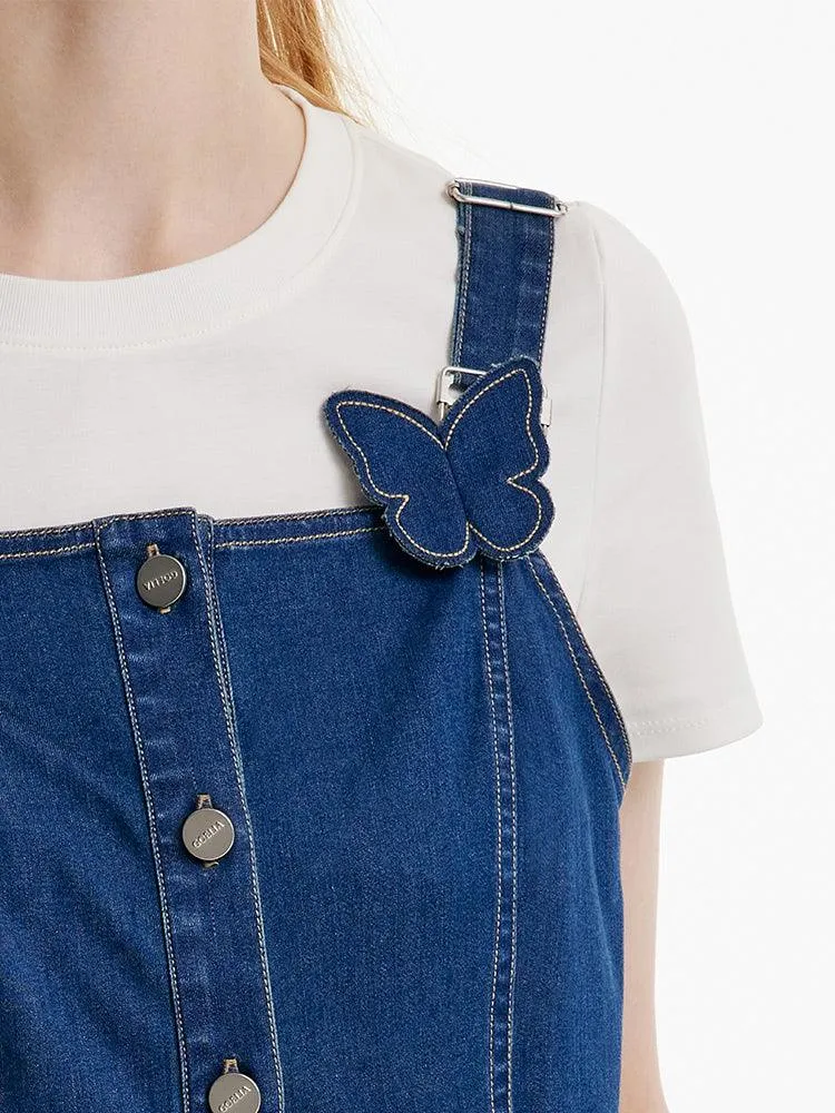 Denim Pinafore Dress With Bow Tie