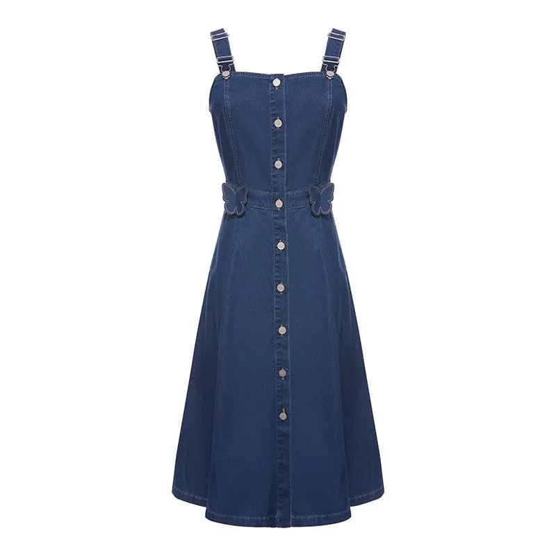 Denim Pinafore Dress With Bow Tie