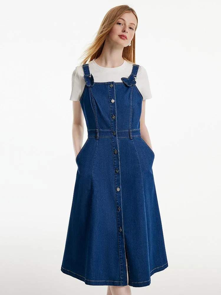 Denim Pinafore Dress With Bow Tie