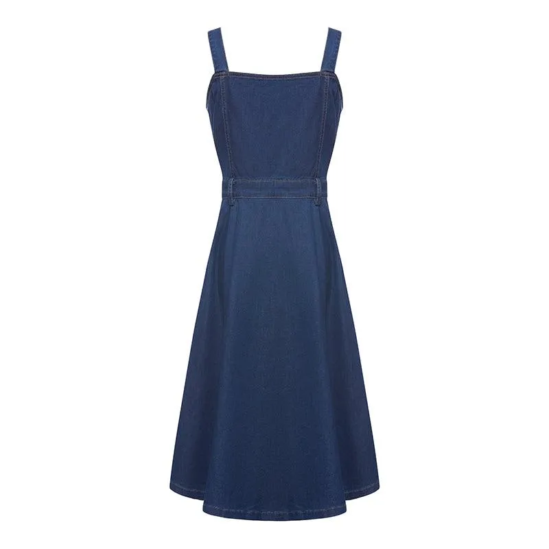 Denim Pinafore Dress With Bow Tie