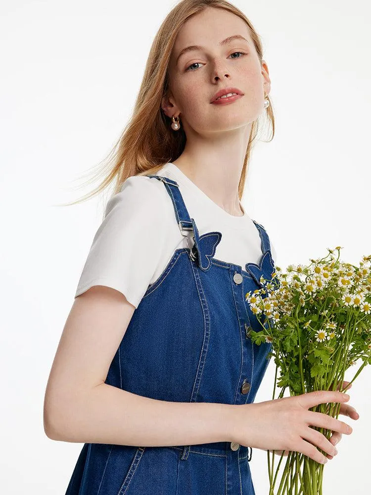 Denim Pinafore Dress With Bow Tie