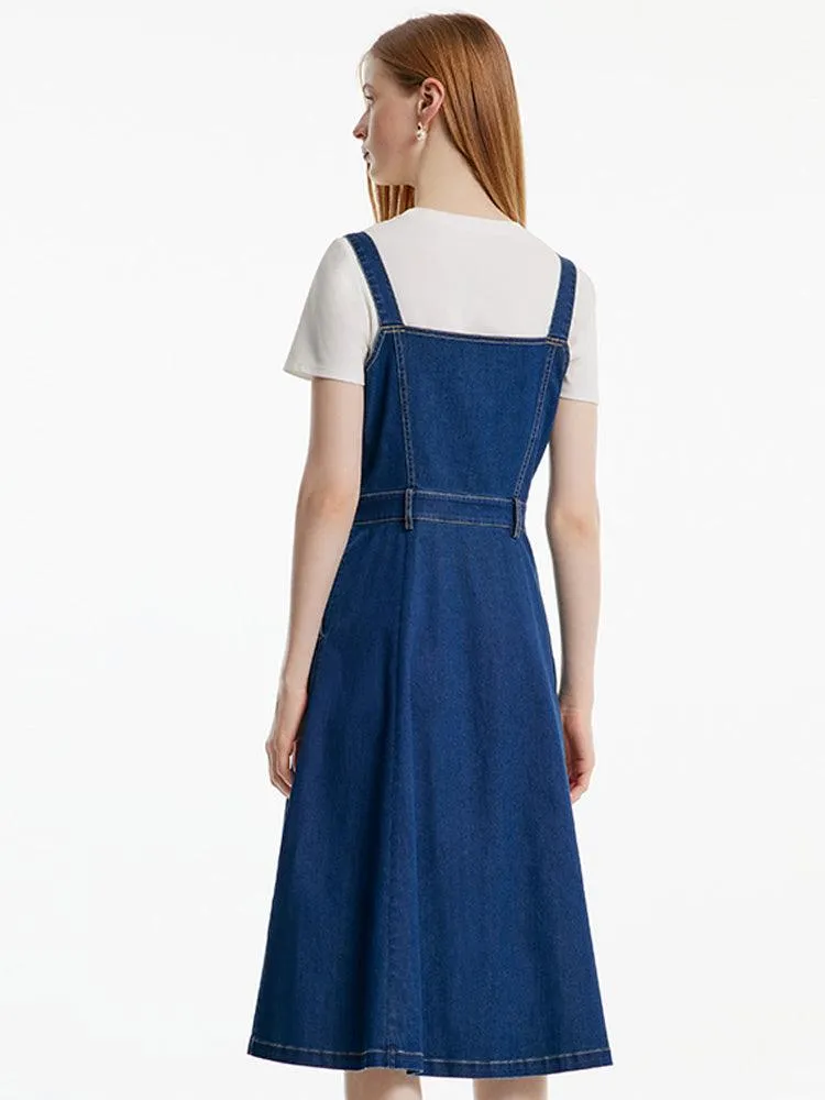 Denim Pinafore Dress With Bow Tie