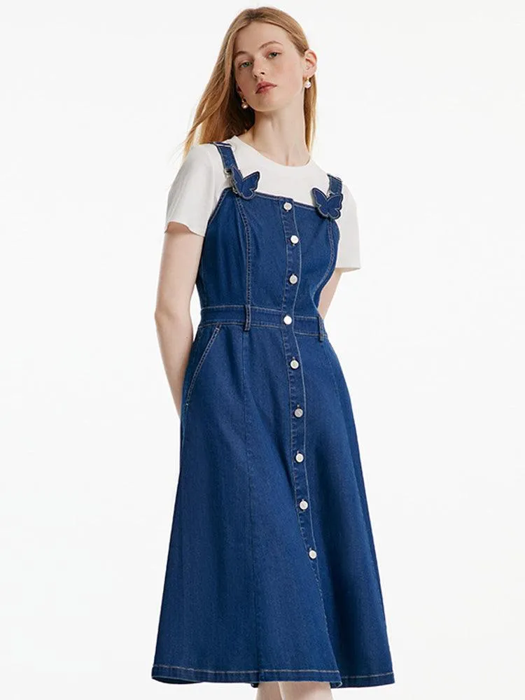 Denim Pinafore Dress With Bow Tie