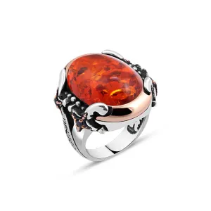 Domic Red Ellipse Synthetic Amber Stone Silver Men's Ring Siding Double Sword