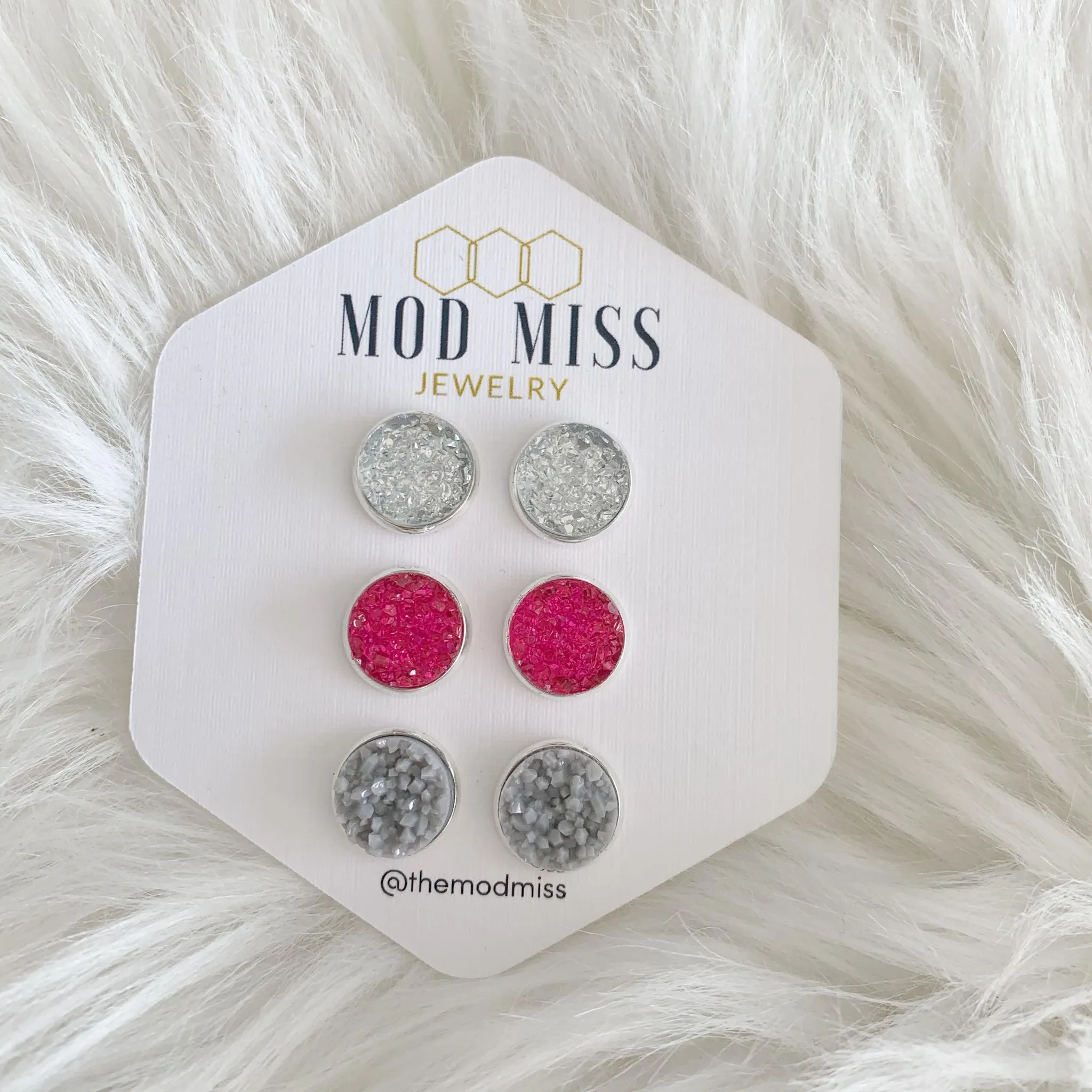 Druzy Stud Earring Set of 3 Clear, Hot Pink & Gray in Silver Setting