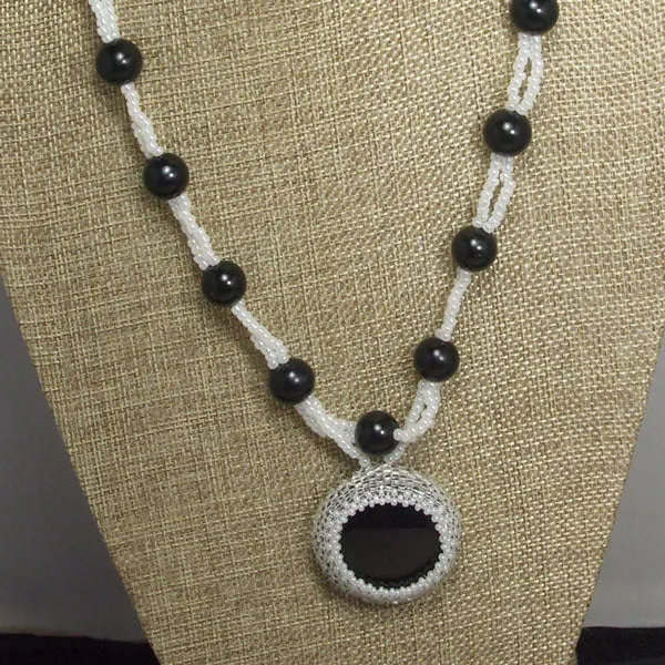 Earlene Beaded Black Agate Cabochon pendant Necklace