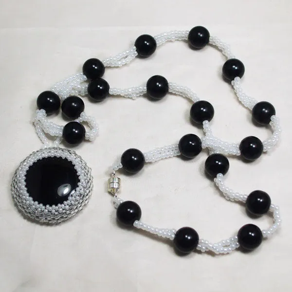 Earlene Beaded Black Agate Cabochon pendant Necklace