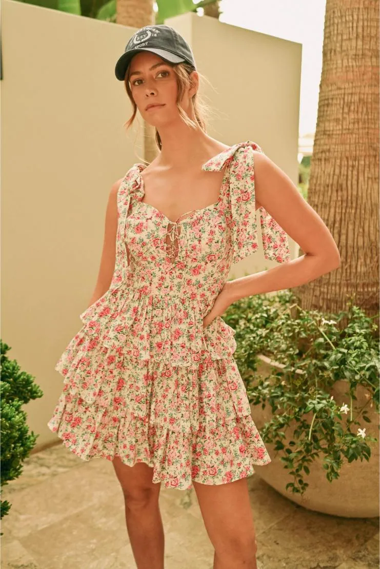 Emma Shabby Chic Floral Tiered Mini Dress - Ivory