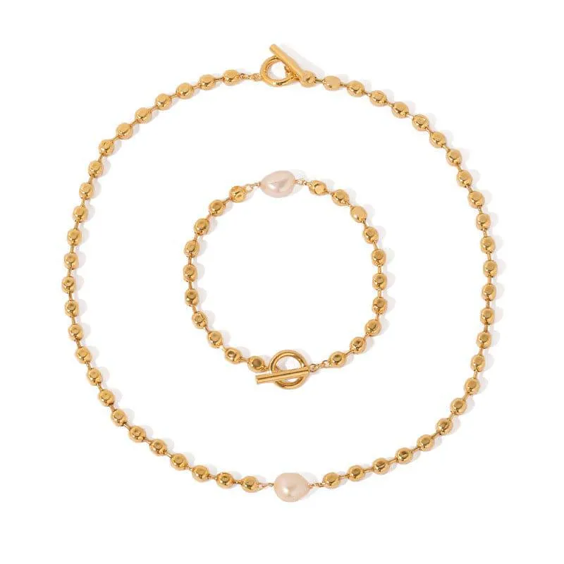 Gold Beaded Pearl Necklace & Bracelet (Purchase Individually)