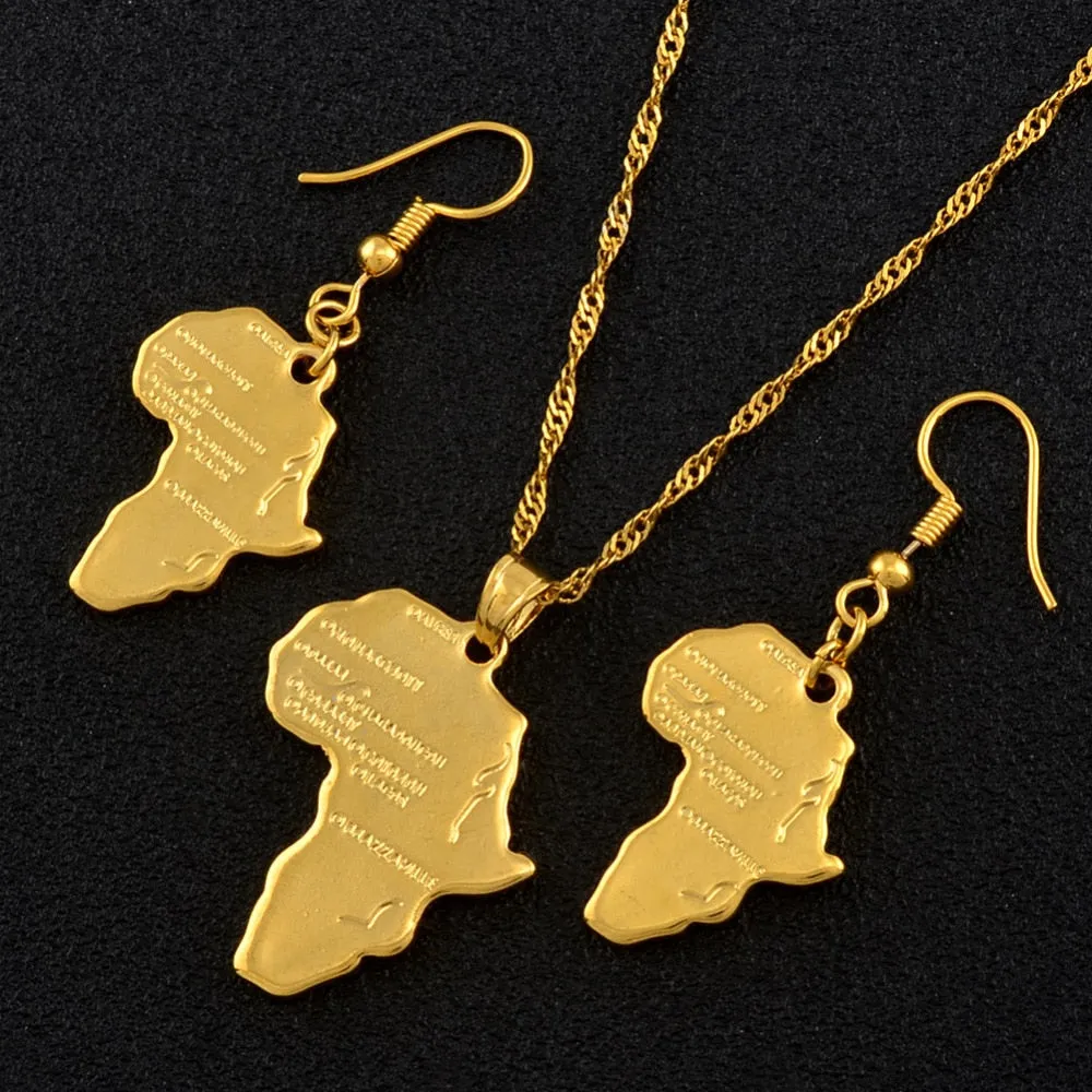 Gold-Plated Africa Map Pendant Necklace and Earrings Jewelry Set