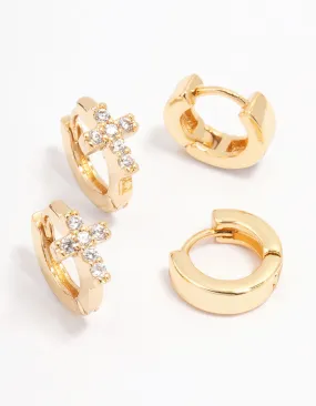 Gold Plated Cubic Zirconia Cross Mini Huggie Earring Pack