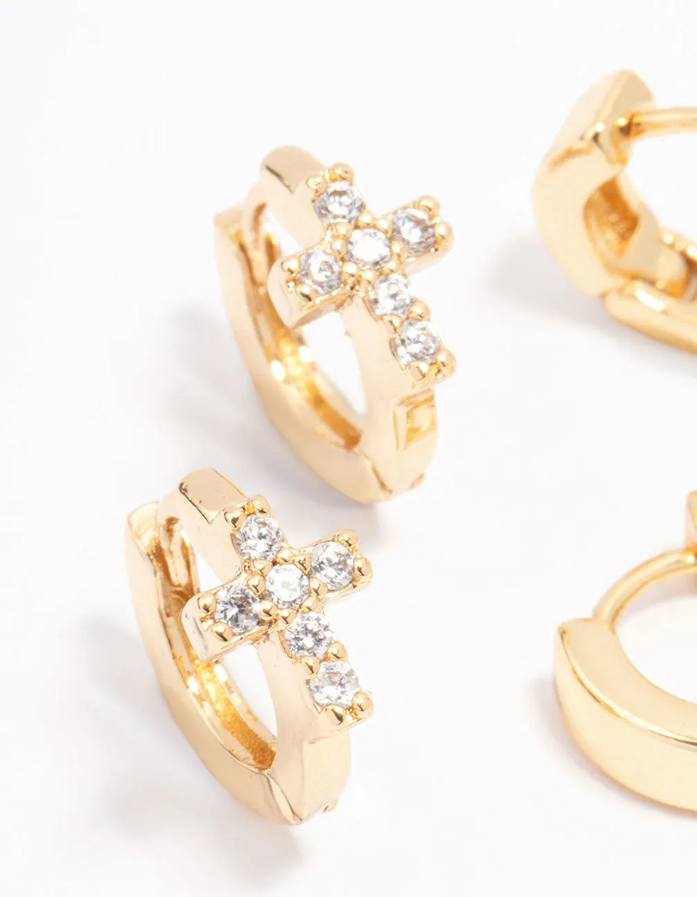 Gold Plated Cubic Zirconia Cross Mini Huggie Earring Pack