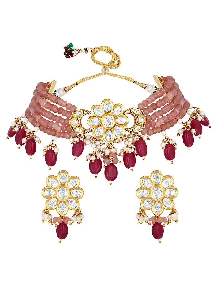 Gold Plated Kundan Necklace with Onyx and Agate