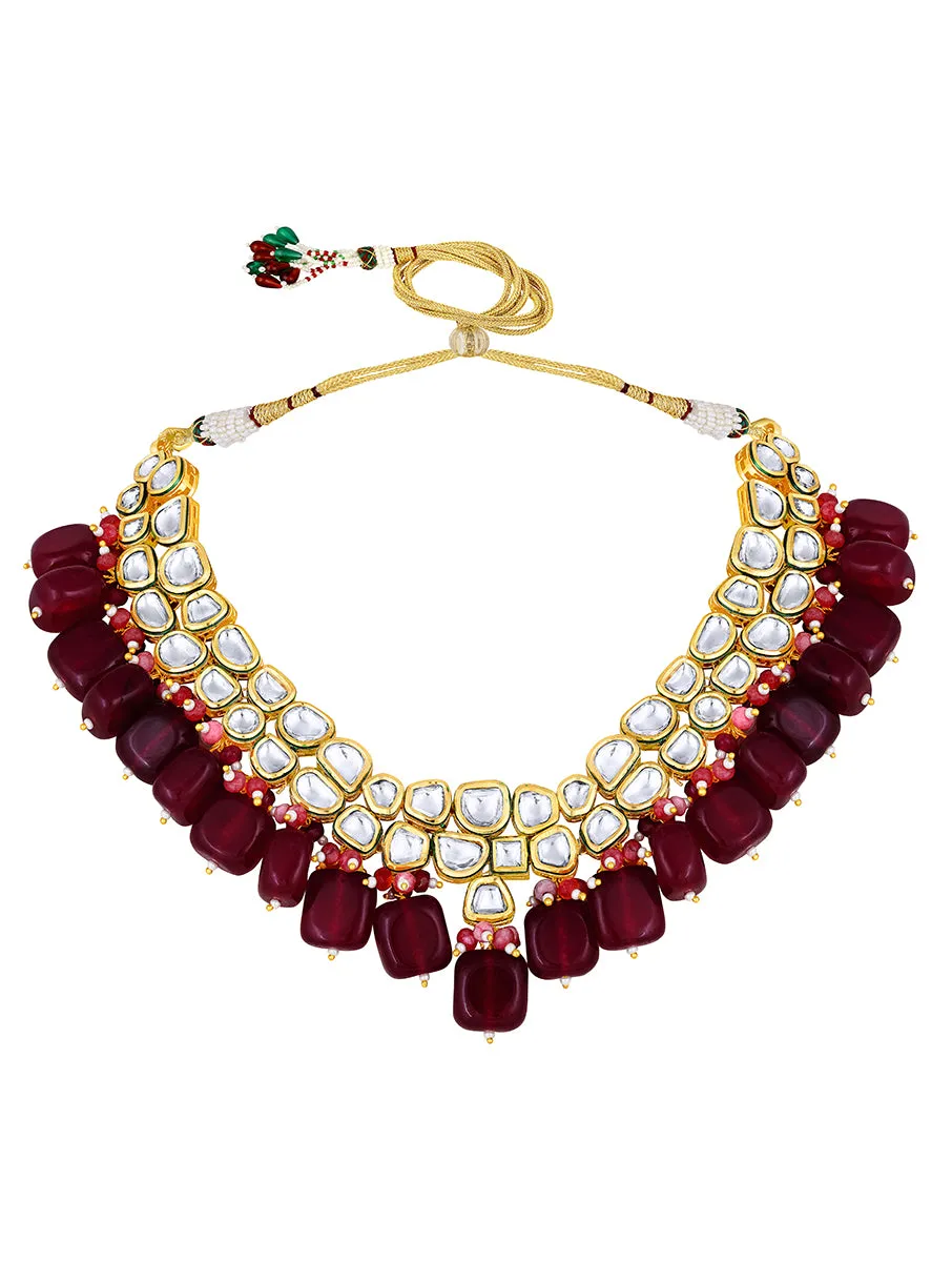 Gold Plated Kundan Necklace with Onyx and Pearls