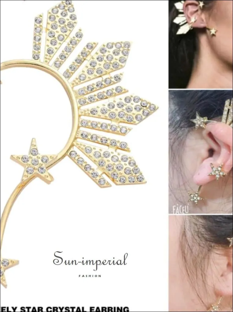 Golden Star Ear Clip on Earrings for Women Crystal Rhinestone Stars Big Ear Cuff