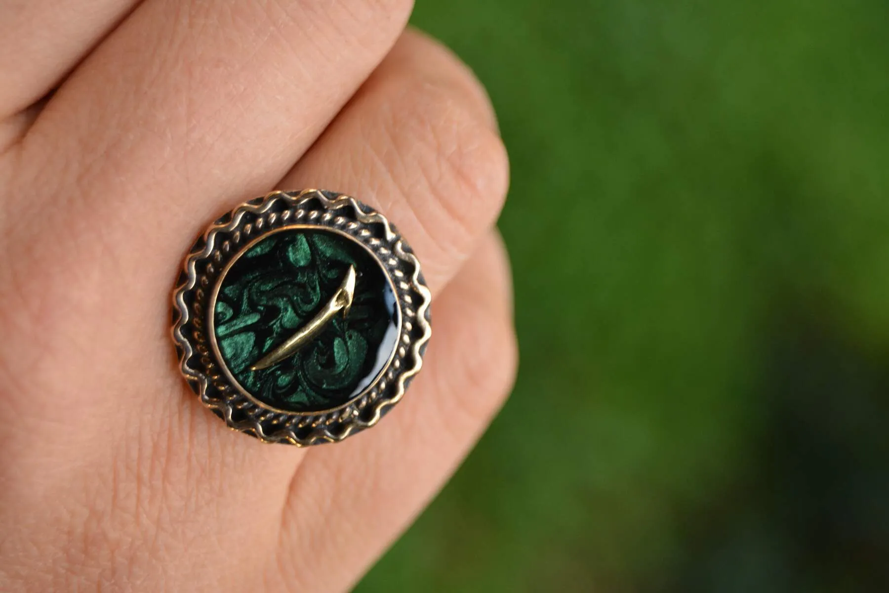 Green Ebru Elif Figured Adjustable Women's Ring