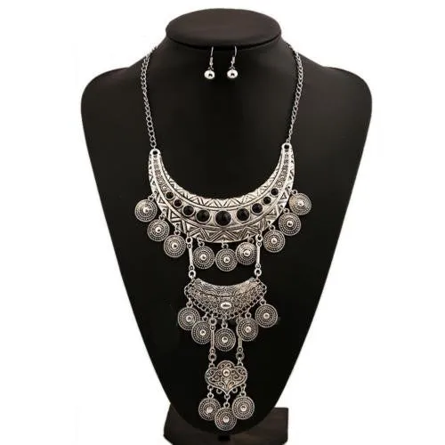 Gypsy Coin Necklace Long Tiered Silver Tone With Black Stones Festival Gypset Jewelry