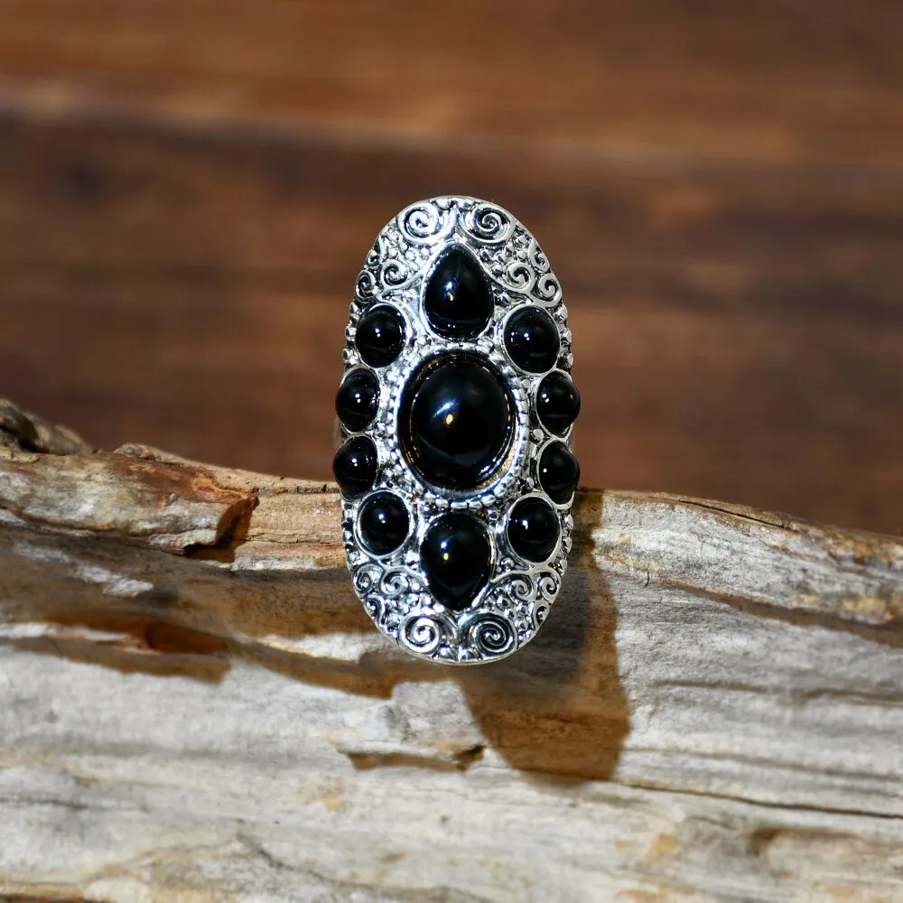 Gypsy Ring Oval With Black Stones Carved Swirling Filigrees Silver Ring Boho Bohemian Jewelry