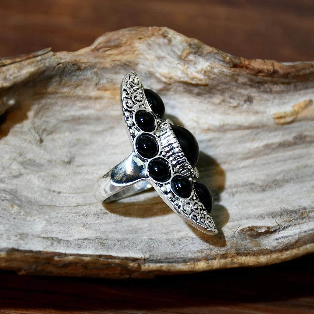 Gypsy Ring Oval With Black Stones Carved Swirling Filigrees Silver Ring Boho Bohemian Jewelry