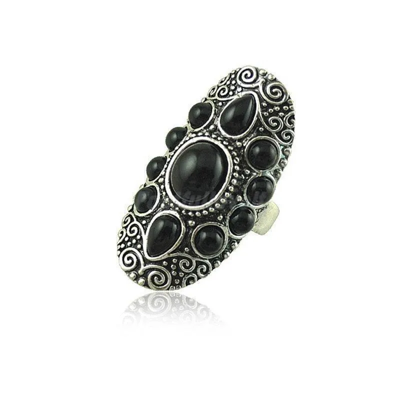 Gypsy Ring Oval With Black Stones Carved Swirling Filigrees Silver Ring Boho Bohemian Jewelry