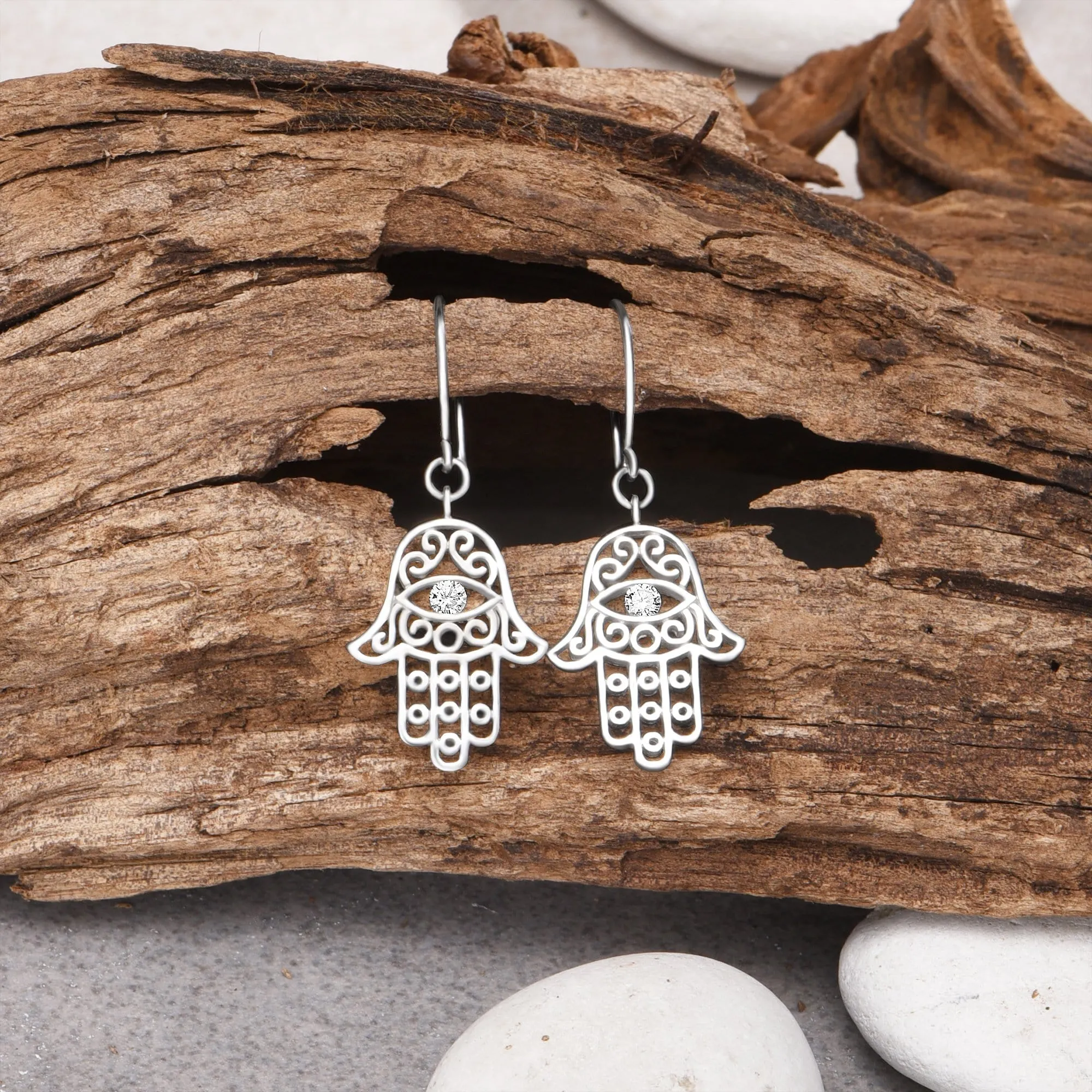 Hamsa Evil Eye Earrings Dangle Sterling Silver