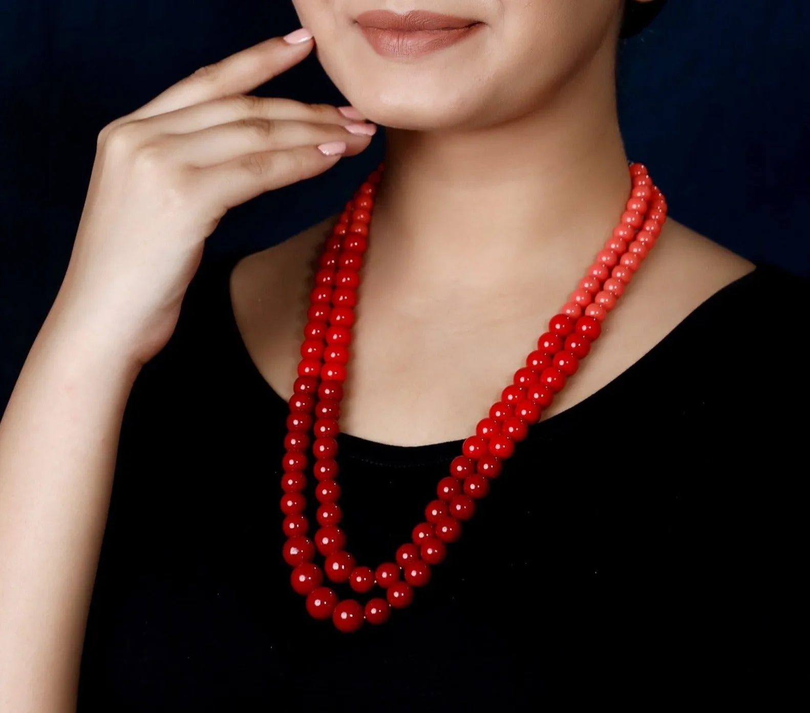 Imeora Tripple Shaded Red Double Line Shell Pearl Necklace