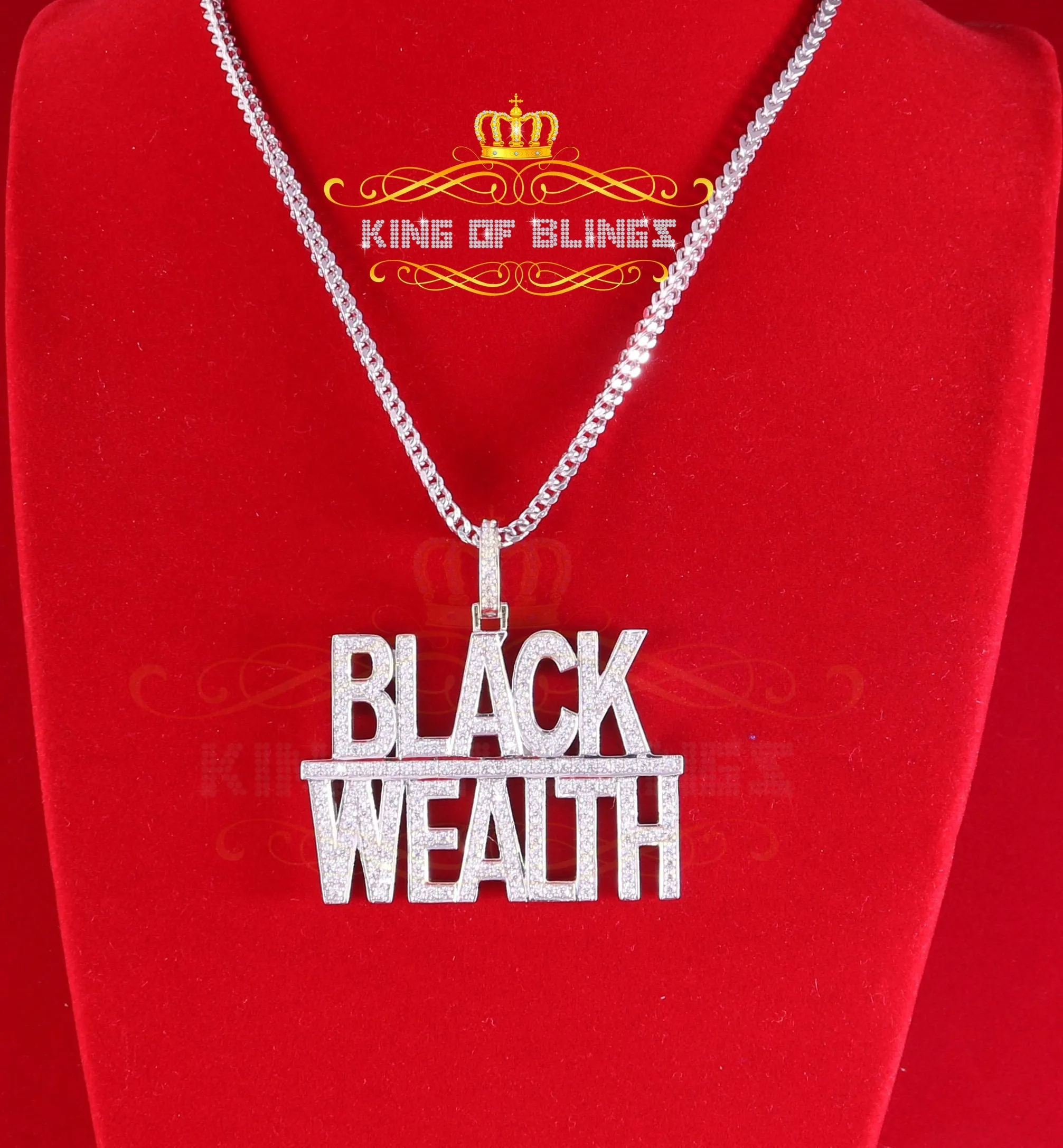 King Of Bling's White 925 Sterling Silver BLACK WEALTH Sign Pendant with 9.30ct Cubic Zirconia