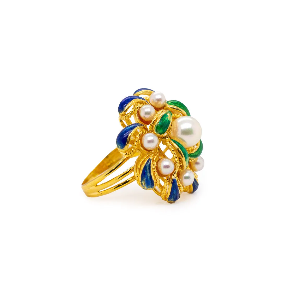 Ladies Vintage Cocktail Pearls Enamel 18K Yellow Gold Ring