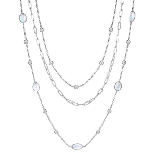 Layered Multi Strand Moonstone Necklaces With White Sapphire