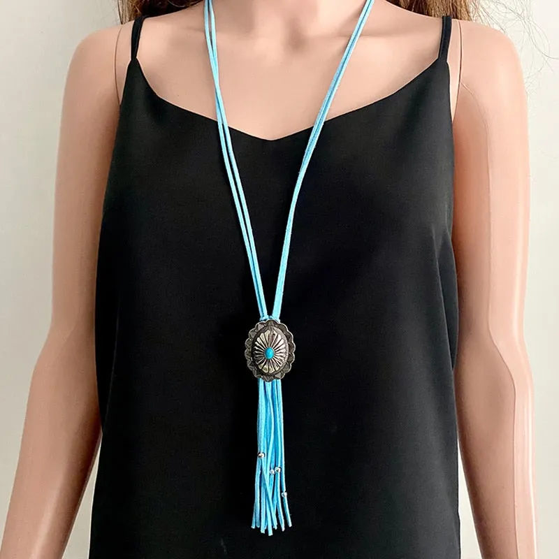 Leather Concho Bolo Tie Style Necklace In 5 Colors You Choose Tan Black White Red Or Light Blue Long Suede Laces With Silver Beaded Fringe Boho Western Southwestern Stackable Statement Necklace