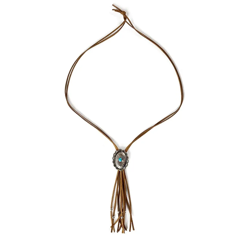 Leather Concho Bolo Tie Style Necklace In 5 Colors You Choose Tan Black White Red Or Light Blue Long Suede Laces With Silver Beaded Fringe Boho Western Southwestern Stackable Statement Necklace