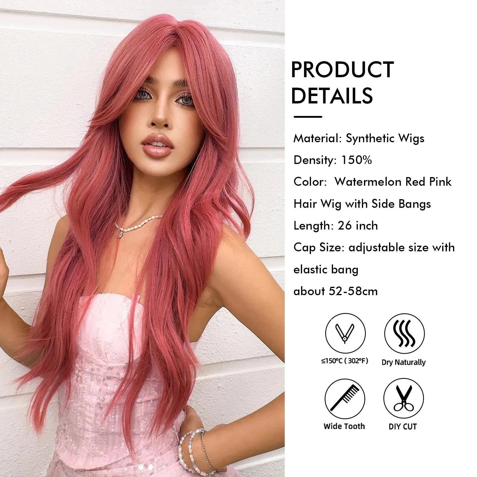 Long Synthetic Water Wavy Wigs Watermelon Red Pink Hair Wig with Side Bangs for Girls and Ladies Daily Use Cosplay Party