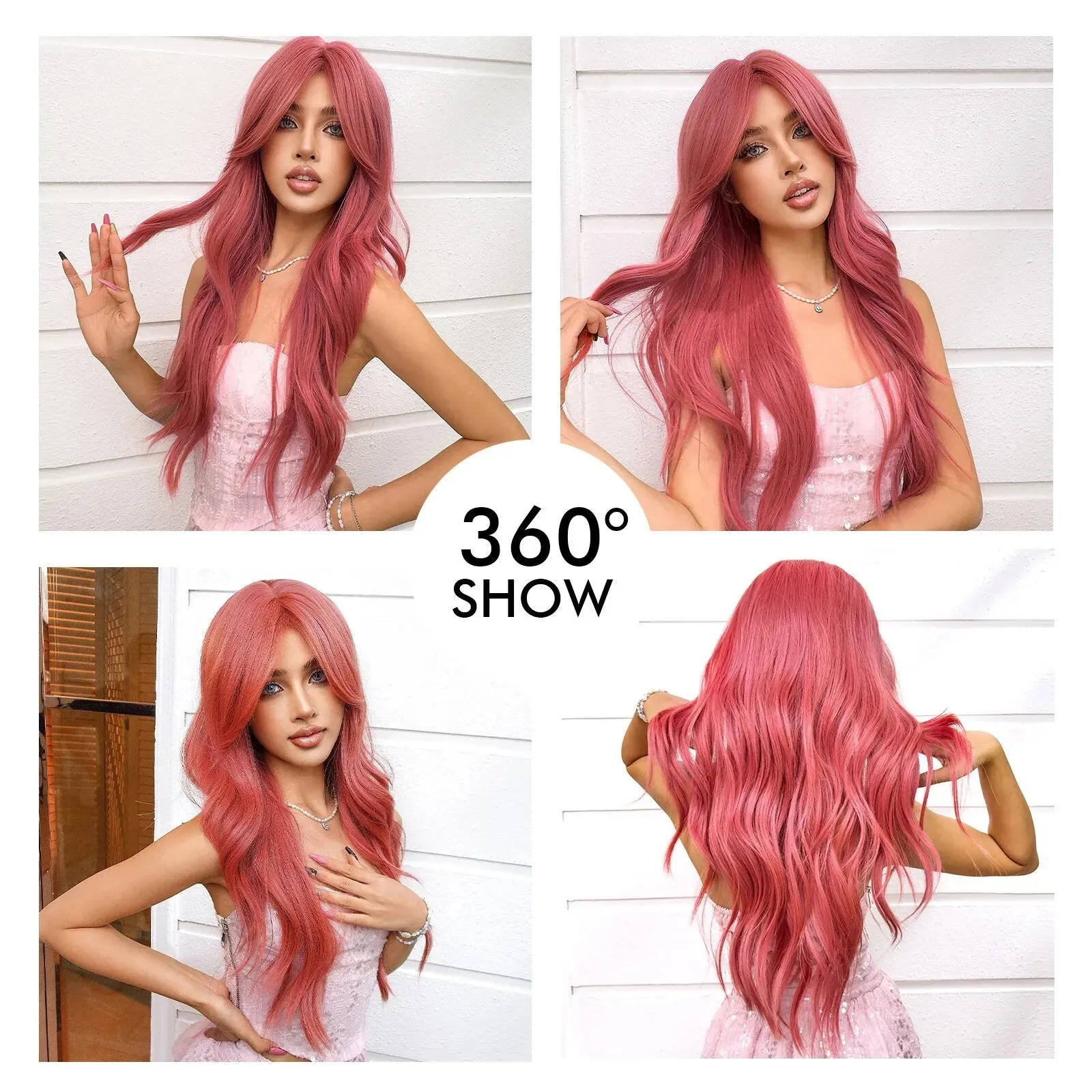 Long Synthetic Water Wavy Wigs Watermelon Red Pink Hair Wig with Side Bangs for Girls and Ladies Daily Use Cosplay Party