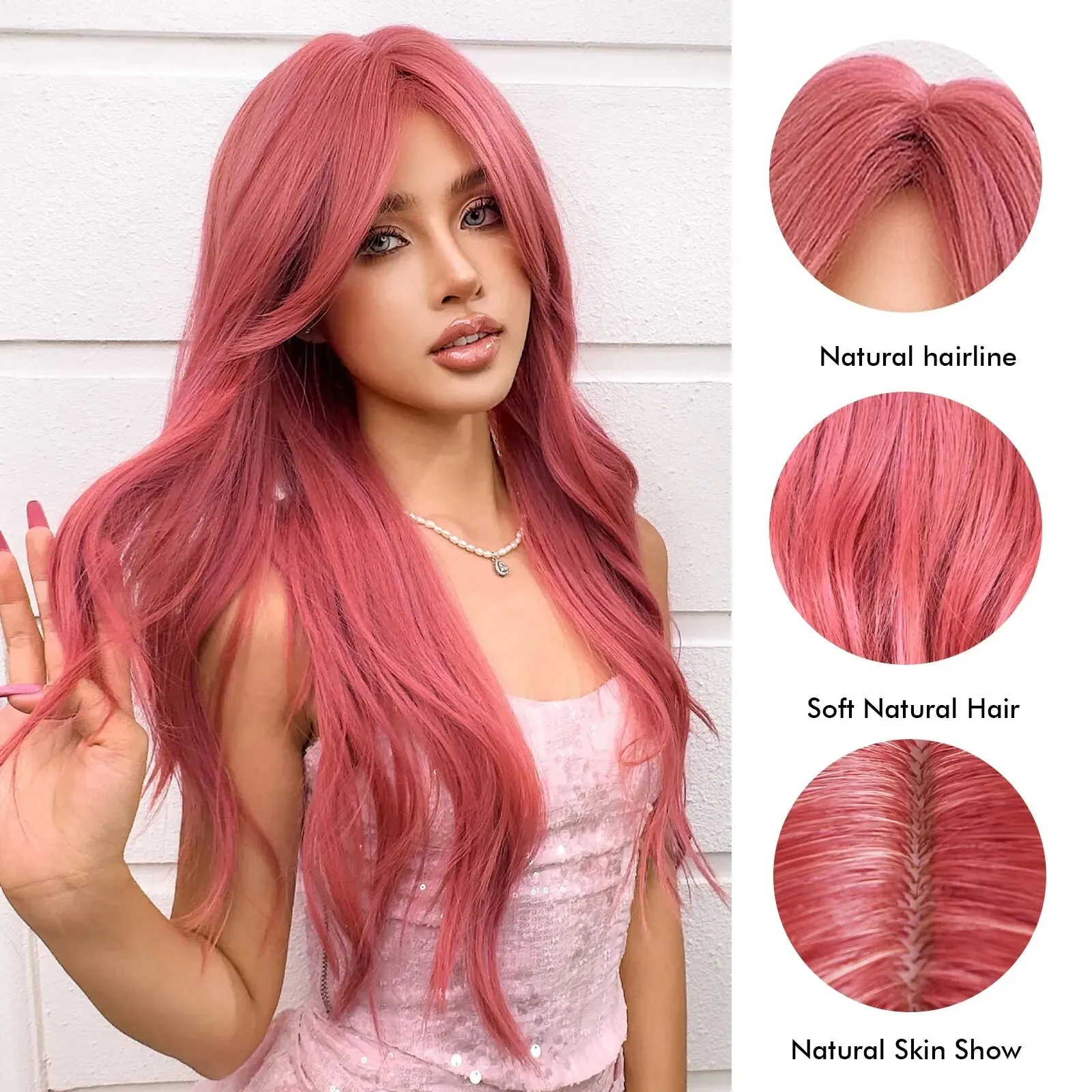 Long Synthetic Water Wavy Wigs Watermelon Red Pink Hair Wig with Side Bangs for Girls and Ladies Daily Use Cosplay Party