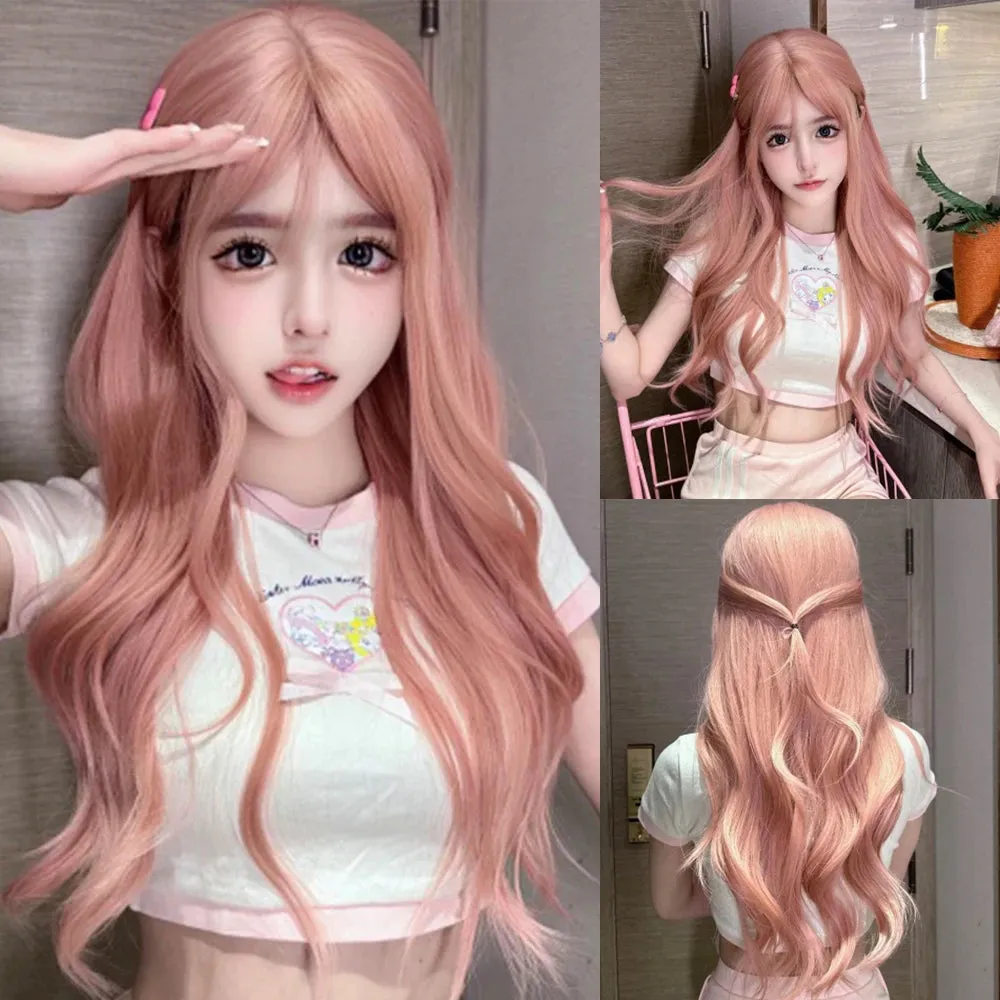 Long Synthetic Water Wavy Wigs Watermelon Red Pink Hair Wig with Side Bangs for Girls and Ladies Daily Use Cosplay Party