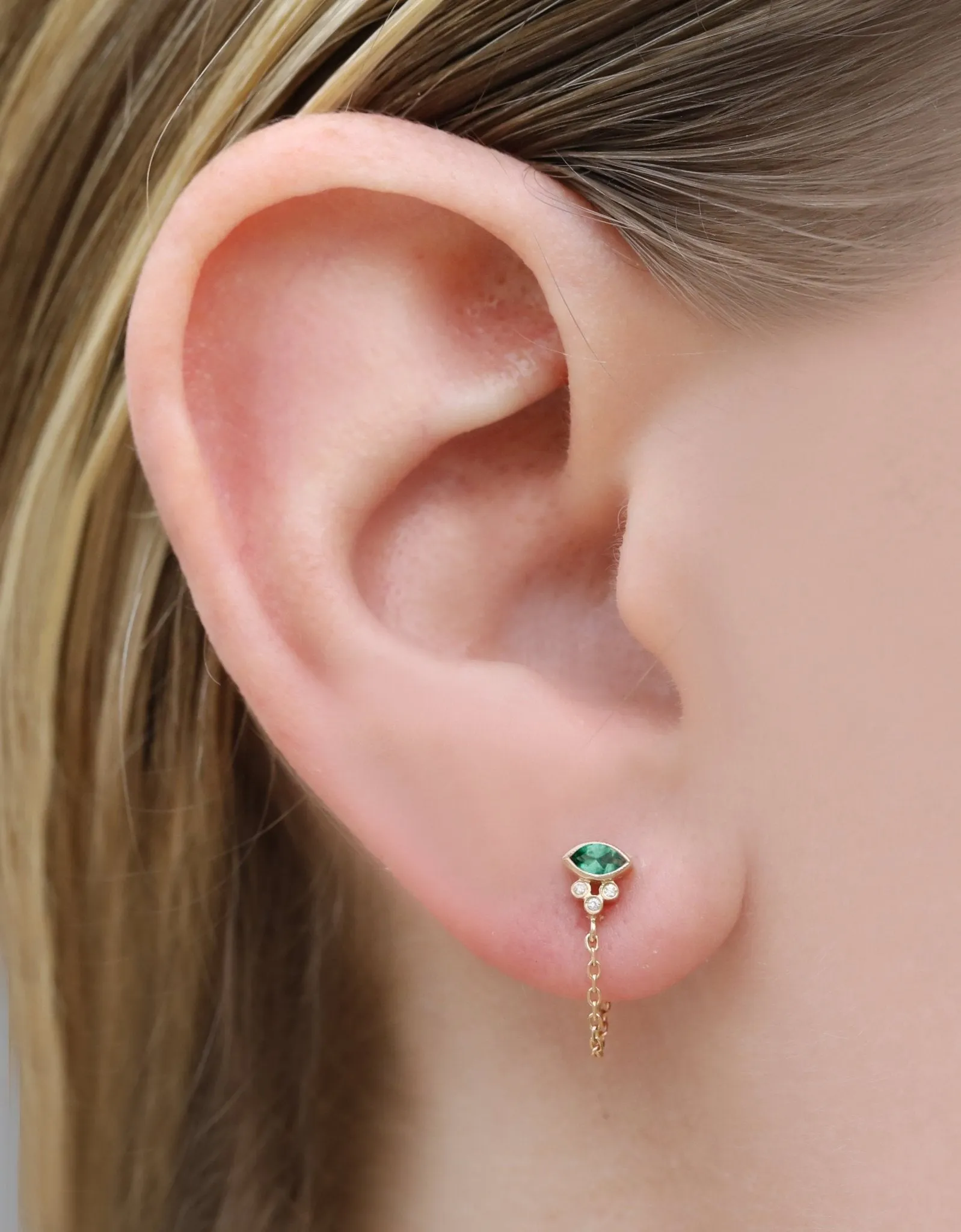 Marquise Emerald Stud with Diamonds and Chain Drop