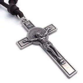 Men Vintage Style Jesus Crucifixion Cross Pendant Leather Cord Necklace Chain