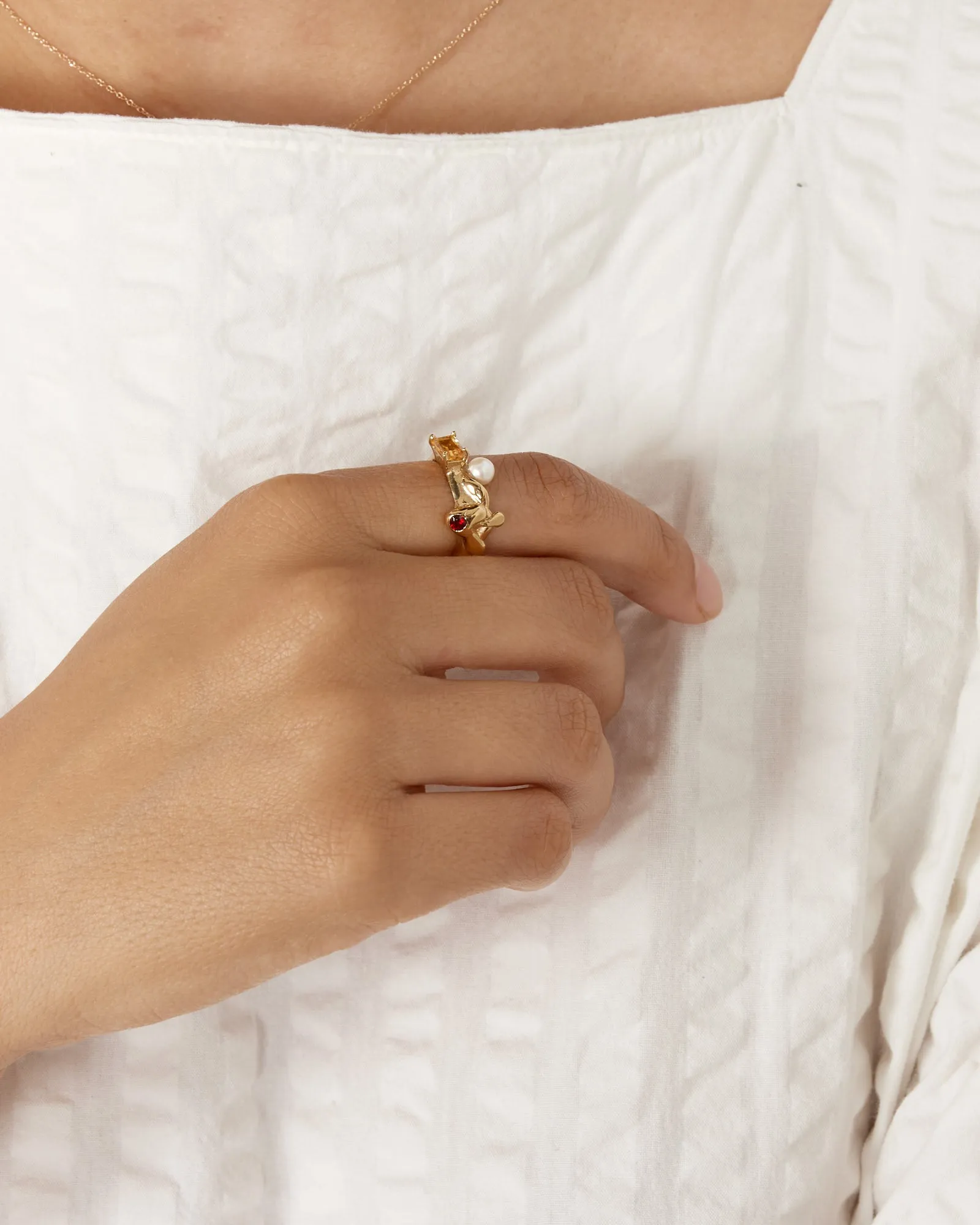 14K Gold Menage Ring with Citrine and Garnet